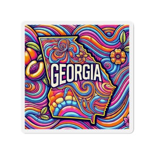 Georgia Magnet | Psychedelic Peaches & Blossoms Design | Georgia State Car Magnet | Travel Souvenir | USA State Map | Georgia Souvenir Gift