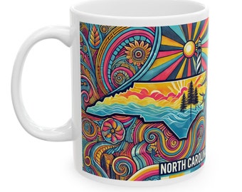 Taza de café de Carolina del Norte / Taza psicodélica de la costa de Carolina del Norte / Regalo de recuerdo de Carolina del Norte