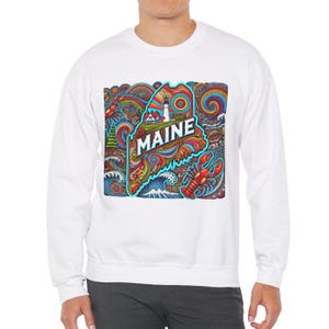 Maine Sweatshirt | Maine Coastal Vibes Crewneck Sweatshirt | Lobsters & Lighthouses Sweatshirt Design | Maine Souvenir Gift Idea