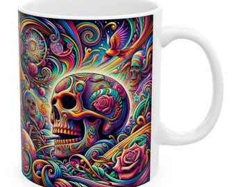 Grateful Dead Inspired Mug | Psychedelic Skull Art Ceramic Mug | Trippy Grateful Dead Deadhead Fan Art Coffee Mug Design (11oz, 15oz)