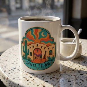 May include: White ceramic coffee mug with a colorful Santa Fe, NM design. The design features a desert landscape with a cactus, guitar, and the text "SANTA FE, NM". The mug is filled with hot coffee, and steam rises from the top.