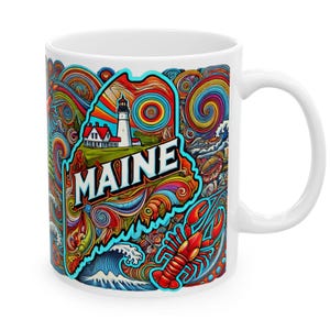 Maine Coffee Mug | Maine Coastal Vibes Mug Design | Lobsters & Lighthouses Mug Design | Maine Souvenir Gift Idea | Ceramic Mug (11oz, 15oz)