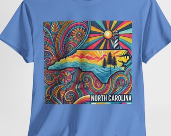 North Carolina Tee Shirt | Psychedelic North Carolina Coastline T-Shirt | State of North Carolina Trippy Tee Shirt | NC Souvenir Gift Idea
