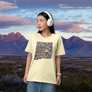 New Mexico T-Shirt | Psychedelic Hot Air Balloon, Zia Design, New Mexico State Outline, Santa Fe Gift, Vibrant Desert Tee Shirt Souvenir