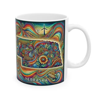 Nebraska Coffee Mug | Psychedelic Nebraska Farm Mug | Nebraska State Travel Souvenir | Nebraska Gift Ceramic Mug (11oz, 15oz)