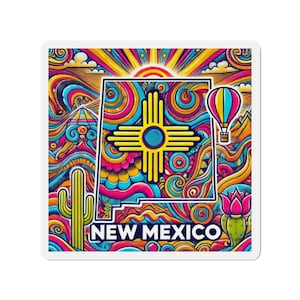New Mexico Magnet | Psychedelische Wüste Road Trip Vibes | Bunter Zia Symbol Zustandsmagnet | Reise Geschenke | New Mexico Souvenir