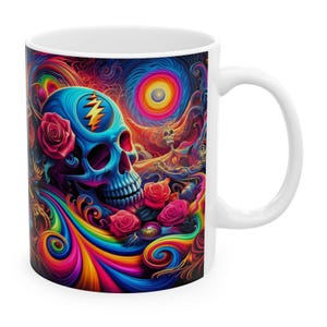 May include: A white ceramic mug with a colorful design featuring a skull with a lightning bolt symbol, surrounded by roses and swirls. The background is a psychedelic mix of colors.