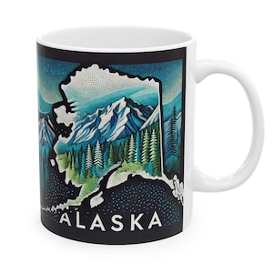Alaska Coffee Mug | Alaskan Pointillism Art Coffee Mug Design | Alaska Souvenir Gift Idea | Alaska Travel Trip Gifts