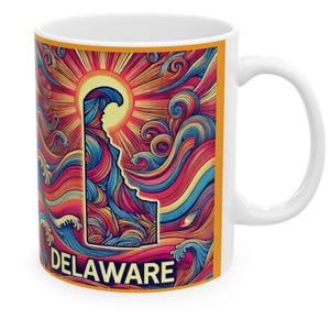 Delaware Mug | Psychedelic Waves Coffee Mug Featuring the State of Delaware | Trippy Delaware Souvenir Gift Mug (11oz, 15oz)