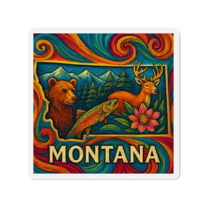 Montana Magnet | Psychedelische Bärenforelle Design | Zustand Auto Magnet | Bunte Wildtiere Dekor | Natur-Liebhaber-Geschenk | Montana Souvenir Geschenk