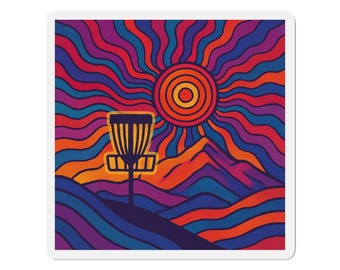 Imán psicodélico de atardecer con disc golf: decoración para coche, nevera y autocaravana