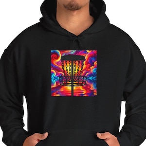 Disc Golf Hoodie Sweatshirt | Sunset Vibes Disc Golf Sweatshirt | Disc Golf Gifts | Psychedelic Disc Golf Basket Hoodie Sweatshirt