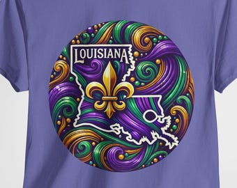 Louisiana Mardi Gras T-Shirt | Louisiana Tee Shirt with Bold Fleur-de-Lis & Mardis Gras Colors | Psychedelic Louisiana T-Shirt Souvenir Gift