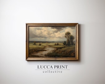 Moody European Village Countryside Oil Painting, Minimalist Neutral Gallery Wall Art, PRINTABLE Digital Downloadable Print, Lucca Print L7