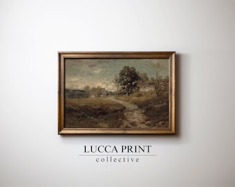Moody Vintage Farmhouse Landscape Oil Painting, Neutral Minimalist Gallery Wall Art, PRINTABLE Digital Downloadable Print, Lucca Print L1