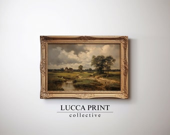 Moody European Farmhouse Landscape Oil Painting, Minimalist Neutral Gallery Wall Art, PRINTABLE Digital Downloadable Print, Lucca Print L6