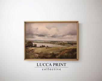 Moody European Countryside Landscape Oil Painting, Minimalist Neutral Gallery Wall Art, PRINTABLE Digital Downloadable Print, Lucca Print L3