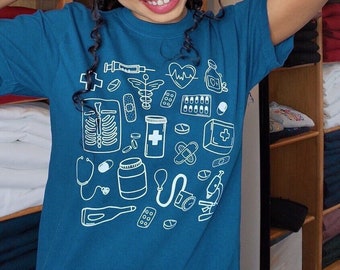 Medical Doodles T-Shirt, Nurse Life, Cotton Short Sleeve Shirt