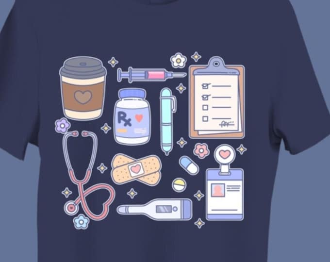 Featured listing image: Medical Shirt for Nurse, Medical Doodles Shirt, Healthcare Shirt, Aesthetic Graphic Shirt, Cozy Long Sleeve Shirt