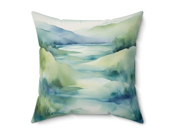 Watercolor Landscape Pillow: Tranquil Nature Home Decor