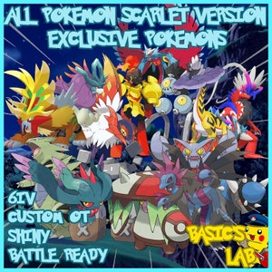 May include: A digital illustration of various Pokemon characters from the Scarlet version of the Pokemon video game series. The image includes the text "ALL POKEMON SCARLET VERSION EXCLUSIVE POKEMONS" and "6IV CUSTOM OT SHINY BATTLE READY".