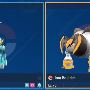 May include: Two Pokemon characters, Iron Crown and Iron Boulder, are shown in a video game interface. Iron Crown is a blue and yellow robotic creature with a long neck and horns. Iron Boulder is a gray and yellow robotic creature with a round body and sharp claws. Both characters are level 75.