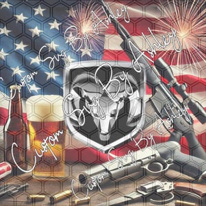 May include: A patriotic themed design featuring a Ram truck emblem, a rifle, a beer, a bottle of beer, and a handgun. The design is set against a backdrop of an American flag with fireworks.