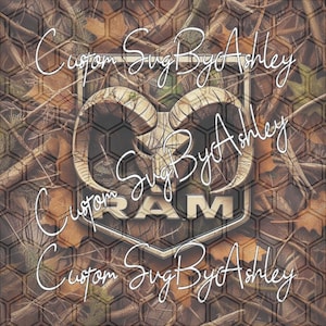 May include: A camouflage pattern background with a white RAM logo featuring a ram's head and the text "Custom Svg By Ashley" repeated around the logo.