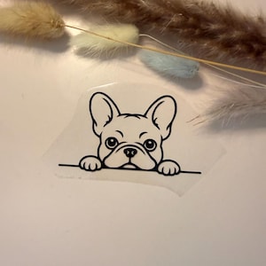 Può includere: Un adesivo in vinile bianco e nero con un'illustrazione a linee di un bulldog francese che sbircia sopra una linea orizzontale. Il cane ha grandi occhi espressivi, orecchie dritte e due zampe anteriori appoggiate sulla linea, su supporto trasparente.