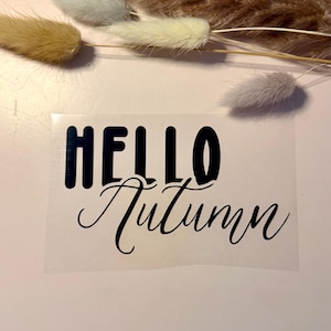 Pode incluir: Um autocolante transparente retangular com o texto preto HELLO Autumn numa combinação de tipos de letra sem serifa a negrito e cursivo elegante, posicionado sob várias plumas de erva decorativas secas em tons de castanho e azul claro.