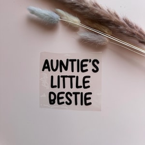 Puede incluir: Una pegatina transparente con el texto "AUNTIE'S LITTLE BESTIE" en letras negras en negrita. La pegatina está sobre una superficie rosa claro, con flores secas en el fondo.