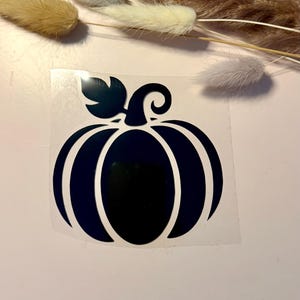 Könnte beinhalten: Ein dunkelblauer Vinyl-Aufkleber in Form eines stilisierten Kürbisses mit einem einzelnen Blatt und einem geschwungenen Stiel. Der Aufkleber befindet sich auf einer transparenten Klebefolie und zeigt ein klares, massives Silhouetten-Design.