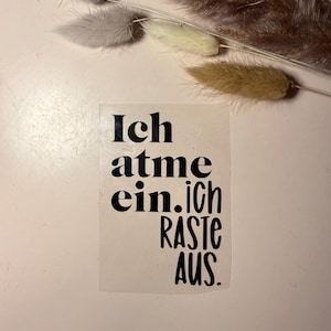 Könnte beinhalten: Ein weißer Aufkleber mit dem deutschen Satz "Ich atme ein. Ich raste aus" in schwarzer Schrift. Der Aufkleber befindet sich auf einer hellrosa Oberfläche, mit getrockneten Zierpflanzen im Hintergrund.