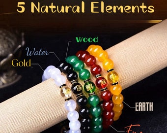 5 Natural Element set bracelet | Gemstone bead bracelet | Fire, water, gold, wood and earth element bracelet | 6mm Beads Crystal Accessory