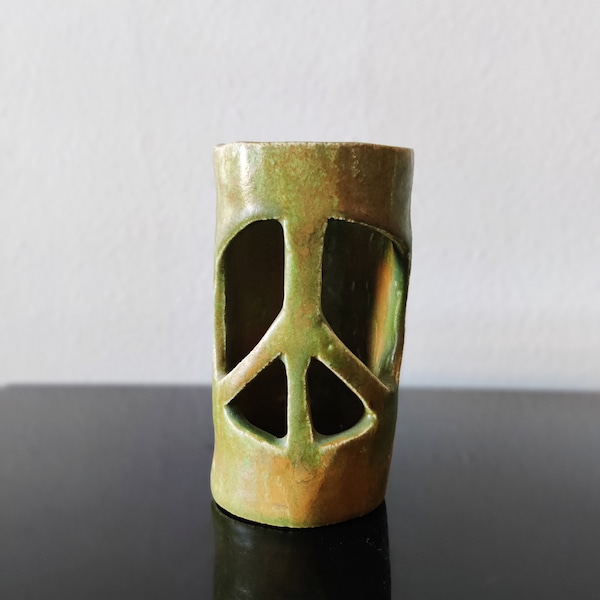 Mid Century Teacup Candle Holder Art Pottery Signed Peace Sign Hippie Pottery