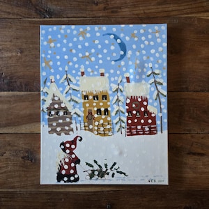 Folk Art Oil Painting Original Art Snowscape Christmas Painting