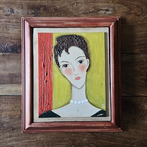 Mid Century French Mademoiselle Oil on Board Painting Original Art French Art Abstract Paintings Portrait Paintings
