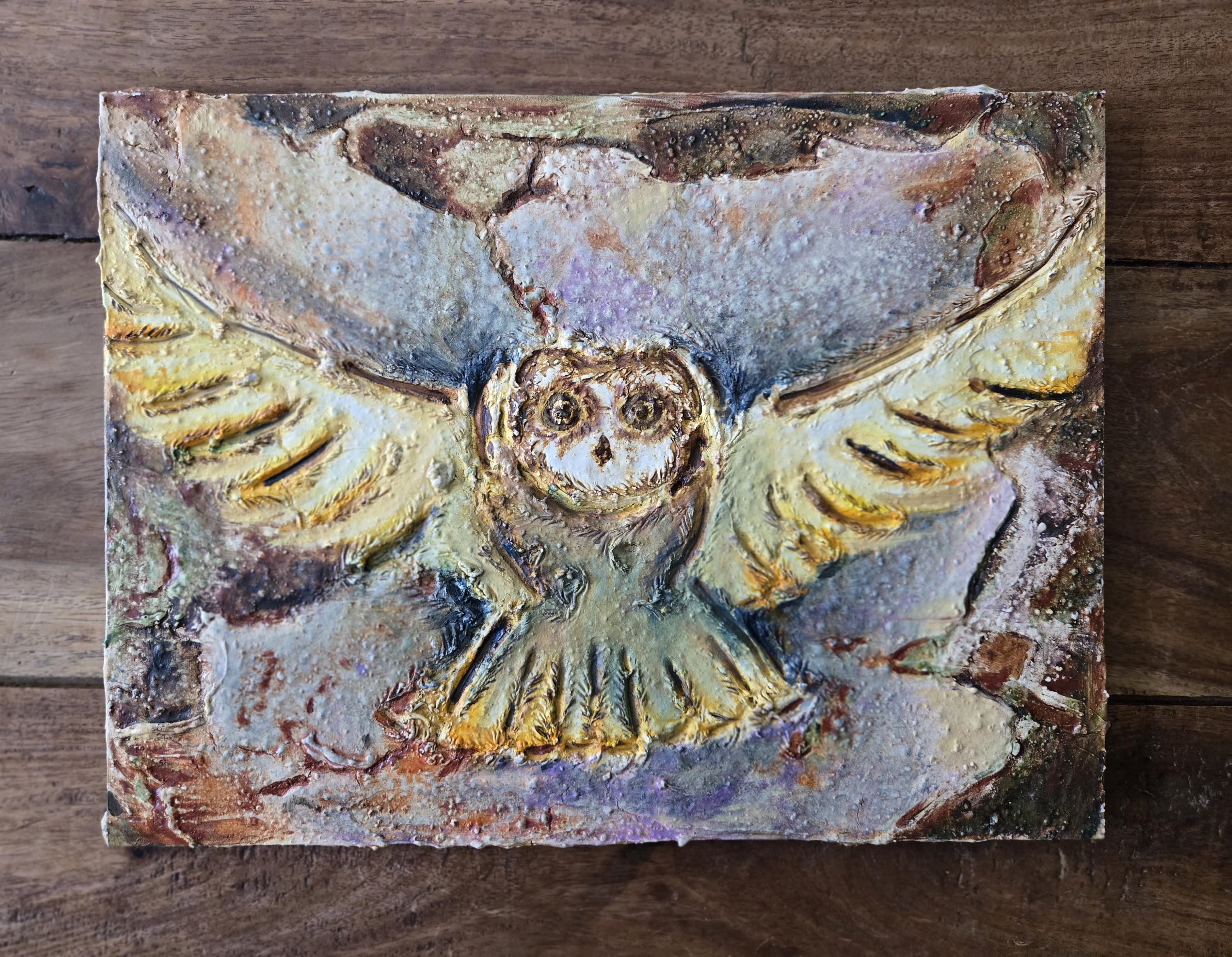 ヴィンテージ風抽象フクロウ絵画、オリジナル油彩画（9x12インチ