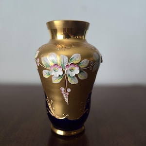 Vintage Bohemian Cobalt Blue and Gold Vase Czechoslovakia Art Glass Cobalt Blue Vase