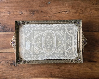 Antique Brass & Lace Vanity Tray, Empire Art Gold Jeweled Tray