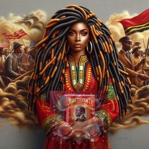 May include: A woman with long, braided hair in red, yellow, and black clothing holds a book with the title "Juneteenth Lady Virgo Design 313". The background features a group of people in a historical setting.