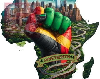 May include: An illustration of a raised fist with the colors of the Pan-African flag, superimposed on a green outline of the continent of Africa. The fist is surrounded by a cityscape and a winding highway. The text "18 JUNETEENTH 64" is written on a green ribbon.