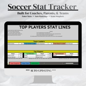 May include: A computer screen displaying a soccer stat tracker. The screen shows "Top Players Stat Lines" with player statistics, team leaders, and auto-updating features. The title "Soccer Stat Tracker" is at the top.