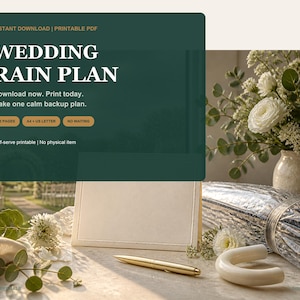 Regenplan für die Hochzeit (druckbar), Checkliste für alternative Trauungsoptionen im Freien, Vorlagen für Gästebriefe, PDF zum sofortigen Download