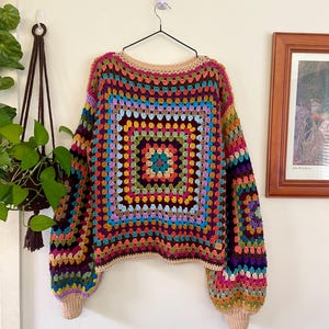 Crochet Rainbow Granny Square Jumper with Lantern Sleeves