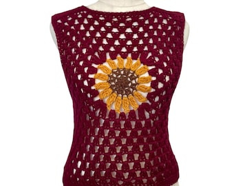 Crochet Sunflower Hippie Vest -  DEEP RED