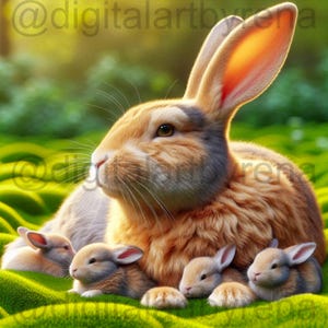 May include: A brown and grey rabbit with soft fur is surrounded by four smaller bunnies. The mother rabbit is looking up and the baby bunnies are looking at the camera. The background is a green grassy field.