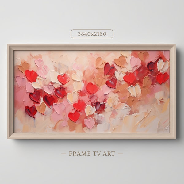 Valentine's Day Frame TV Art, Pink Hearts Oil Painting | DIGITAL TV Download