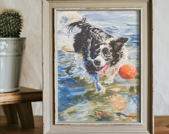 Border Collie Dog Watercolor Painting | Dog Portrait Art | Dog Swimming Print | Dog Lover Gift | Unique Home Decor | Pet Gallery Wall