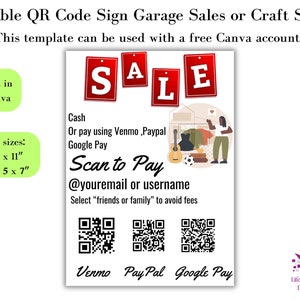 May include: A printable sign with a red SALE banner and a cartoon illustration of a person selling items at a car boot sale. The sign includes QR codes for Venmo, PayPal, and Google Pay. The text on the sign reads "Scan to Pay @youremail or username. Select "friends or family" to avoid fees."